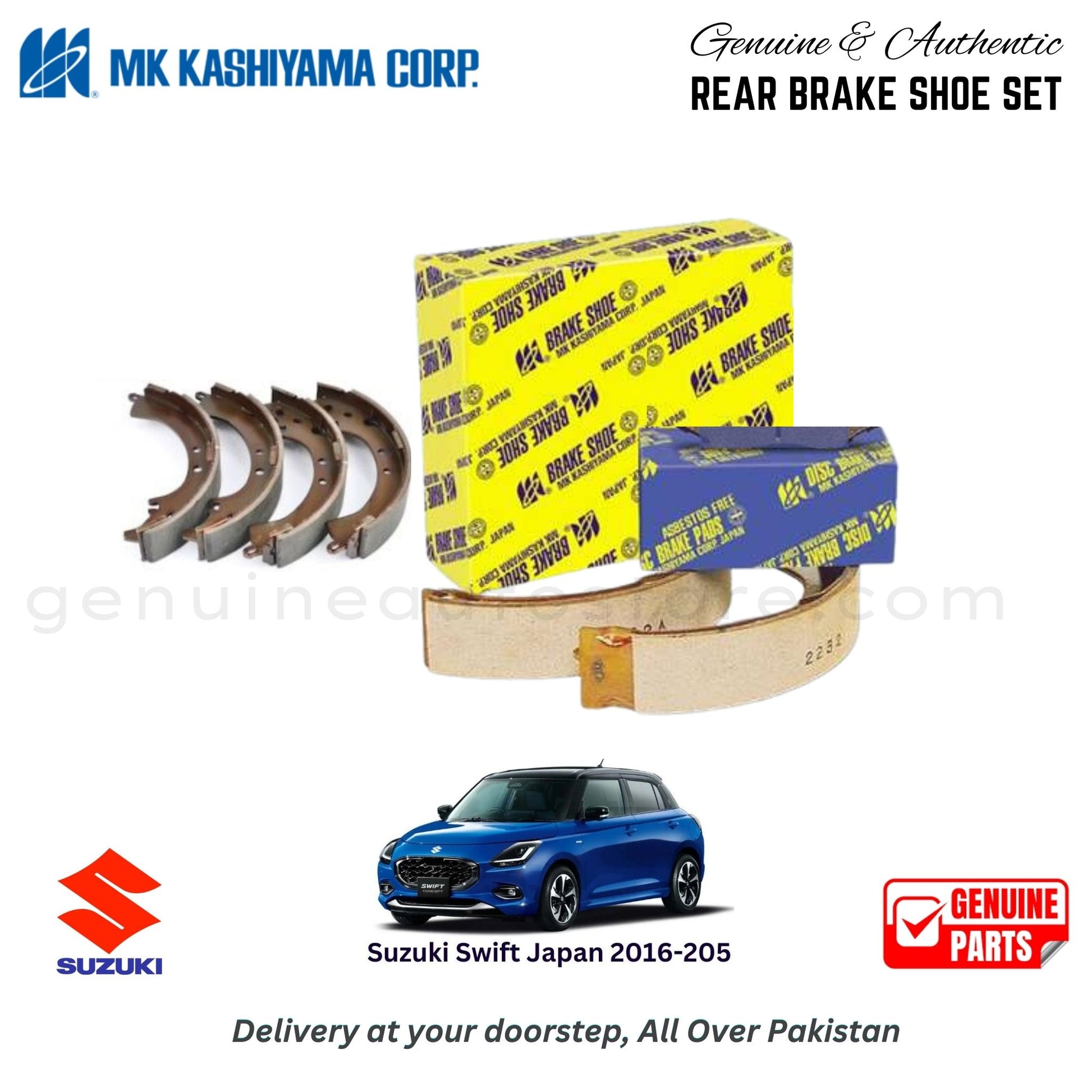 Suzuki Swift Japan 2016-2025  MK JAPAN REAR BRAKE SHOE SET in Pakistan. 100% Genuine, Reliable, Best Price, Cash on Delivery Available