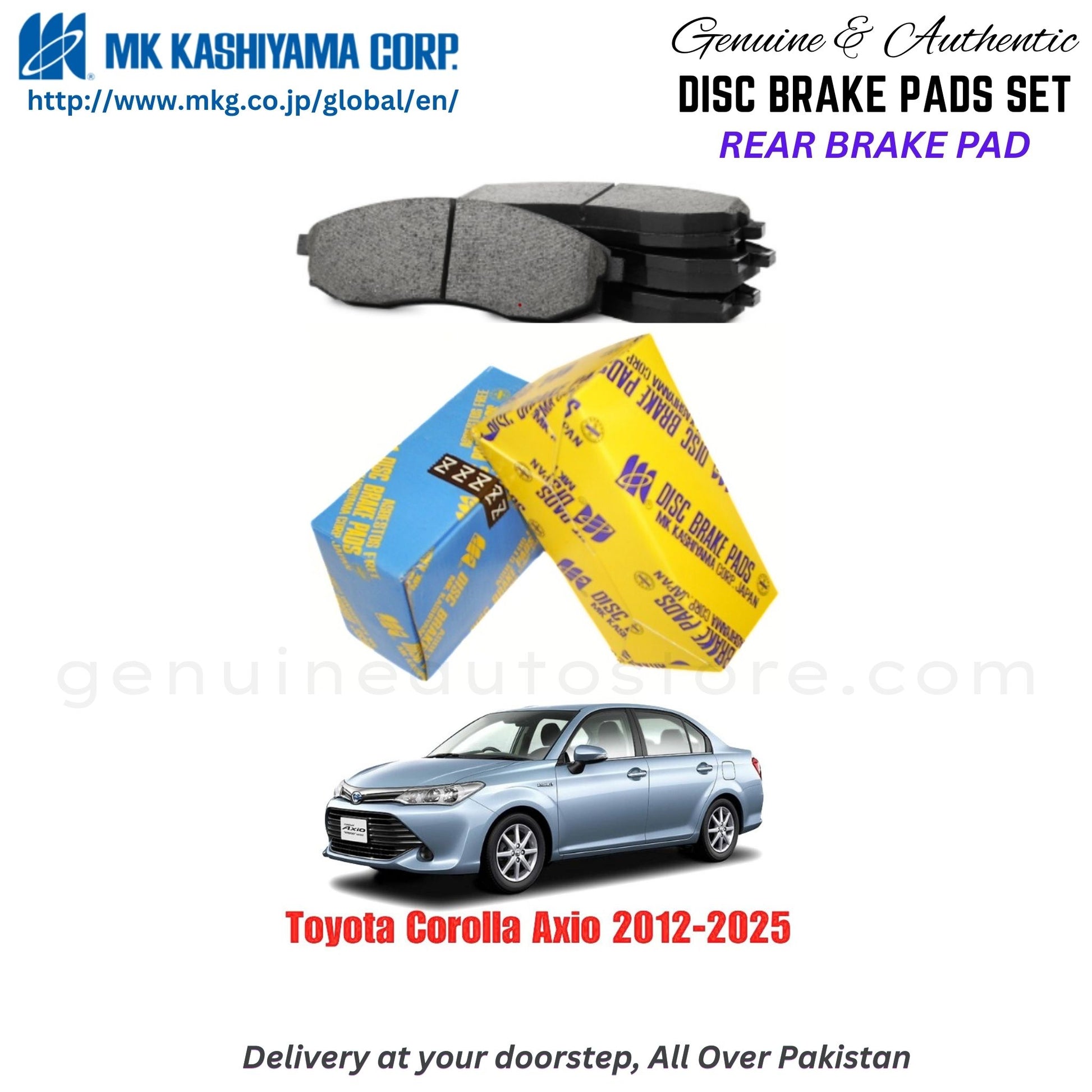 Toyota Corolla Axio 2012-2025 Rear Brake Pads MK Japan in Pakistan. 100% Genuine, Reliable, Best Price, Cash on Delivery Available
