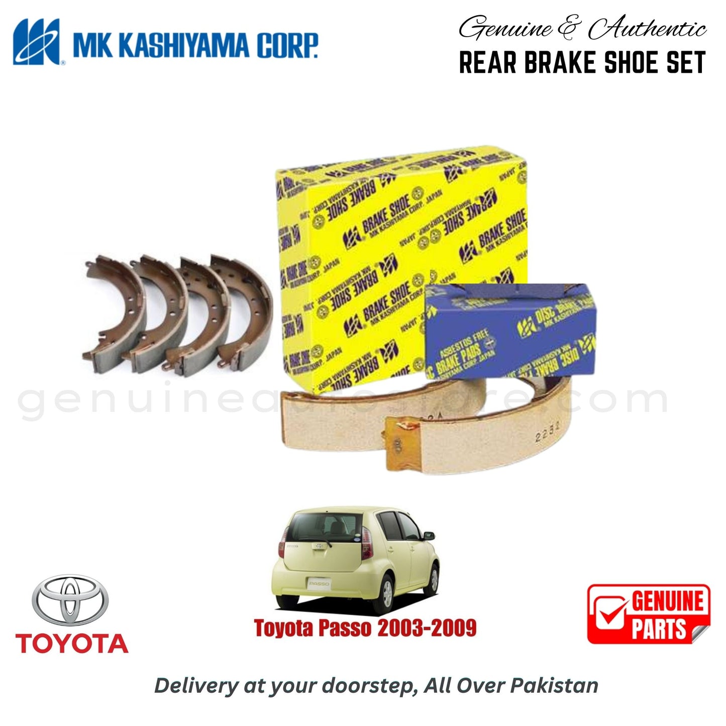 Toyota Passo 2003-2009 MK JAPAN REAR BRAKE SHOE SET in Pakistan. 100% Genuine, Reliable, Best Price, Cash on Delivery Available