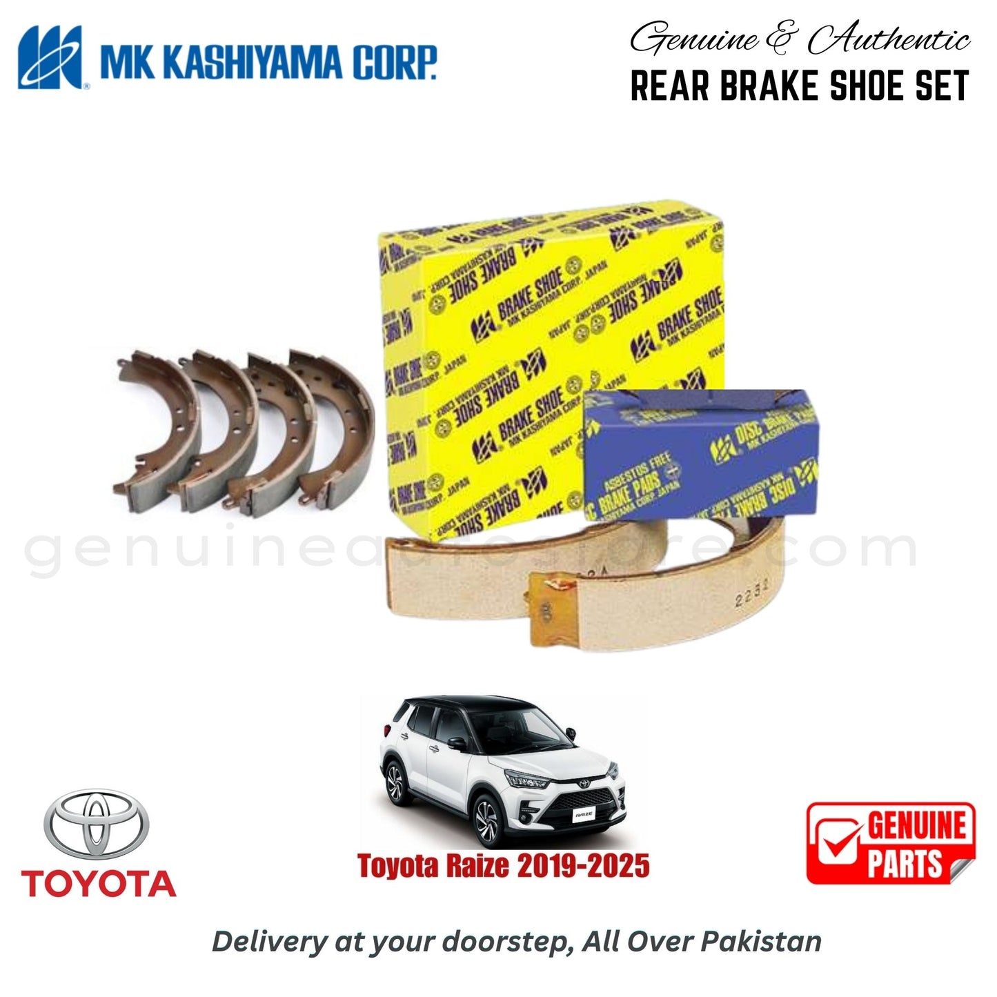 Toyota Raize 2019-2025 MK JAPAN REAR BRAKE SHOE SET in Pakistan. 100% Genuine, Reliable, Best Price, Cash on Delivery Available