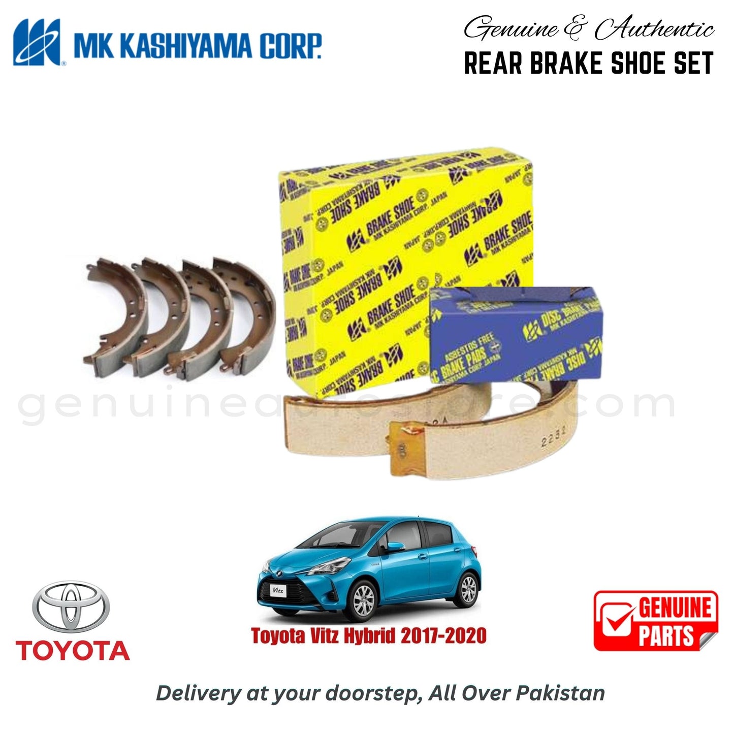 Toyota Vitz Hybrid 2017-2020 MK JAPAN REAR BRAKE SHOE SET in Pakistan. 100% Genuine, Reliable, Best Price, Cash on Delivery Available