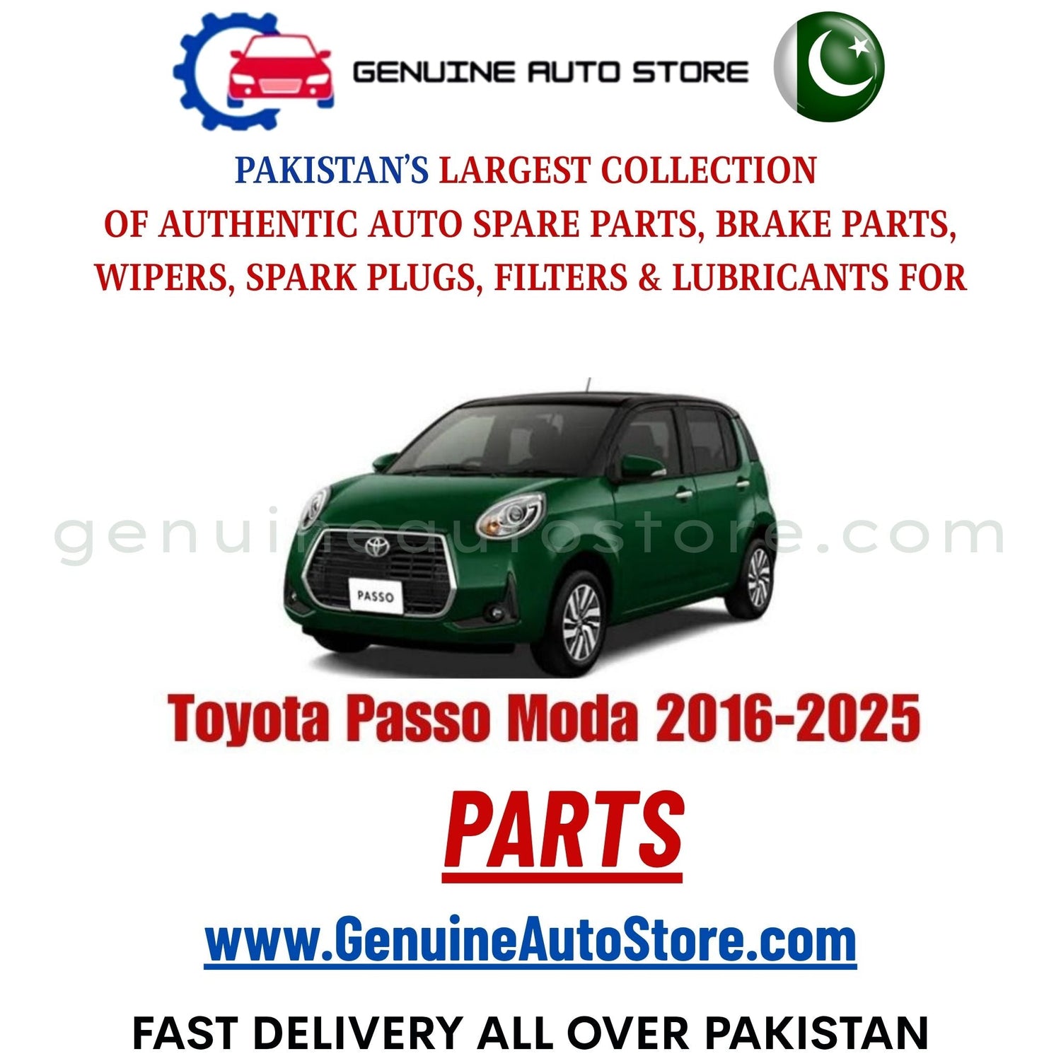 Original Toyota Passo Moda 2016-2025 parts – brake pads, brake shoe, spark plugs, filters, wipers in Pakistan