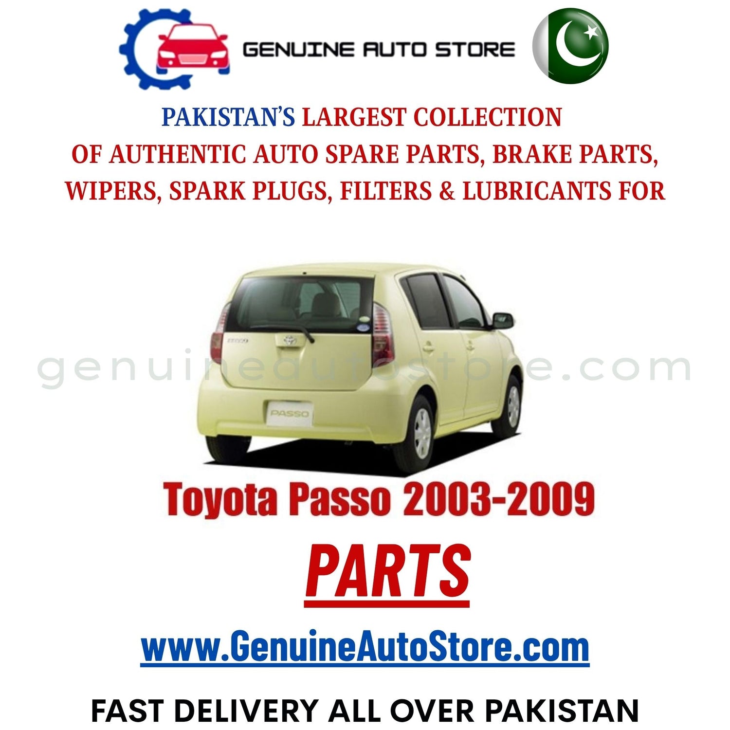 Original Toyota Passo 2003-2009 parts – brake pads, brake shoe, spark plugs, filters, wipers in Pakistan
