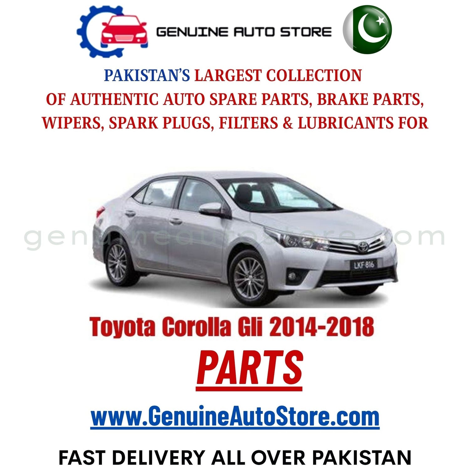 Original Toyota Corolla Gli 2014-2018 parts – brake pads, brake shoe, spark plugs, filters, wipers in Pakistan