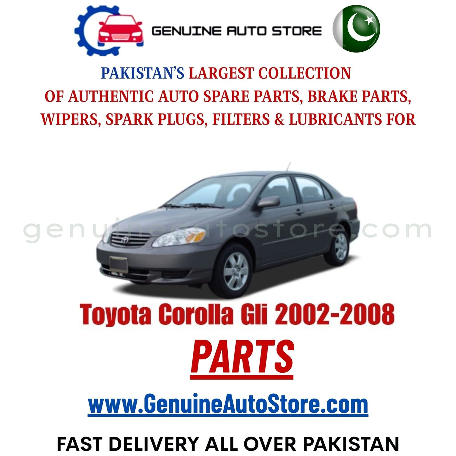 Original Toyota Corolla Gli 2002-2008 parts – brake pads, brake shoe, spark plugs, filters, wipers in Pakistan
