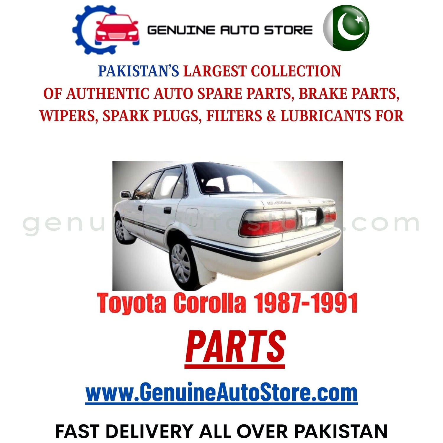 Original Toyota Corolla 1987-1991 parts – brake pads, brake shoe, spark plugs, filters, wipers in Pakistan