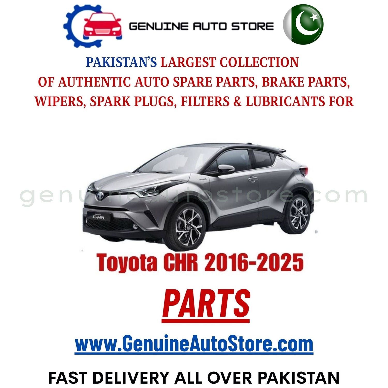 Original Toyota CHR 2016-2025 parts – brake pads, brake shoe, spark plugs, filters, wipers in Pakistan