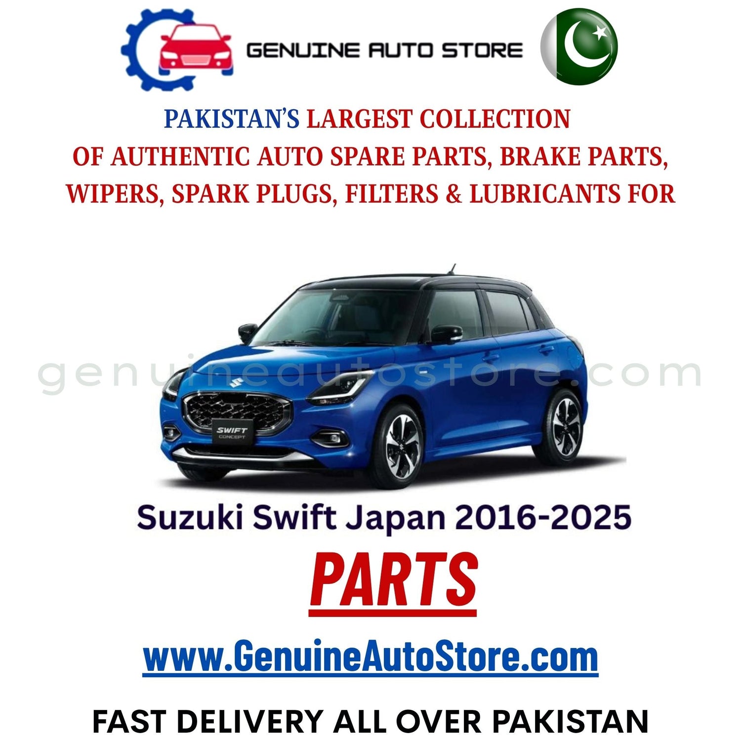 Original Suzuki Swift Japan 2016-2025 parts – brake pads, brake shoe, spark plugs, filters, wipers in Pakistan