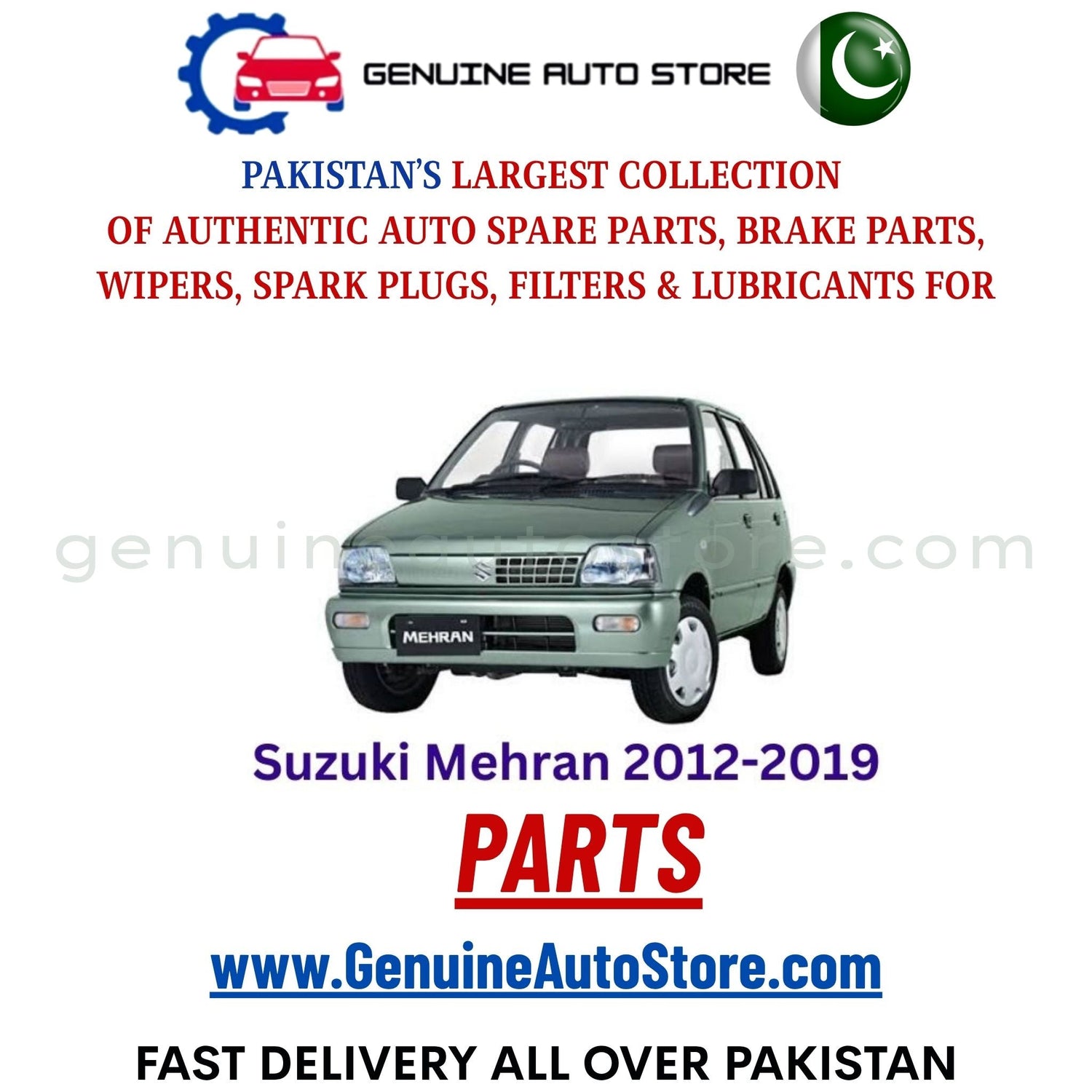 Original Suzuki Mehran 2012-2019 parts – brake pads, brake shoe, spark plugs, filters, wipers in Pakistan