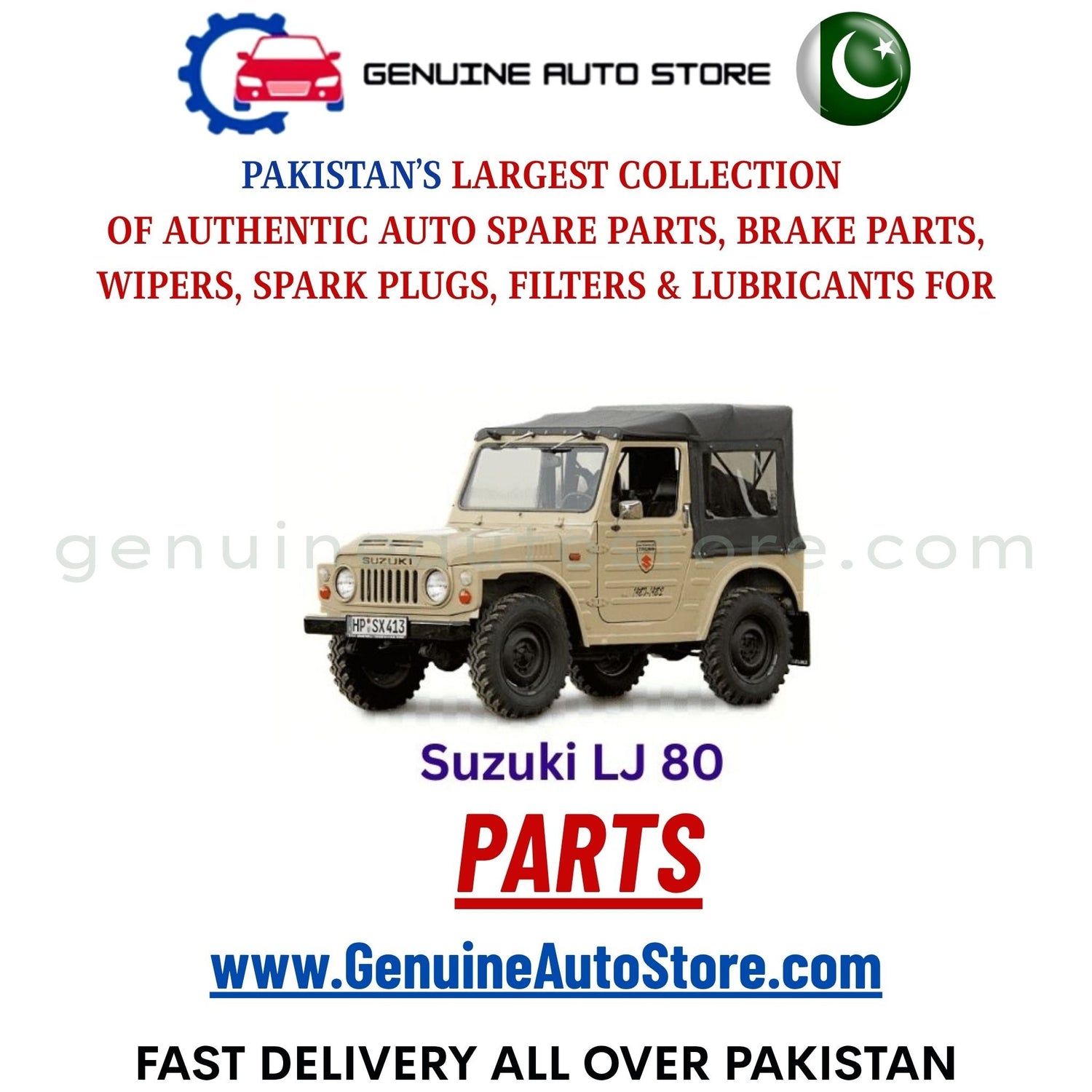 Original Suzuki LJ parts – brake pads, brake shoe, spark plugs, filters, wipers in Pakistan