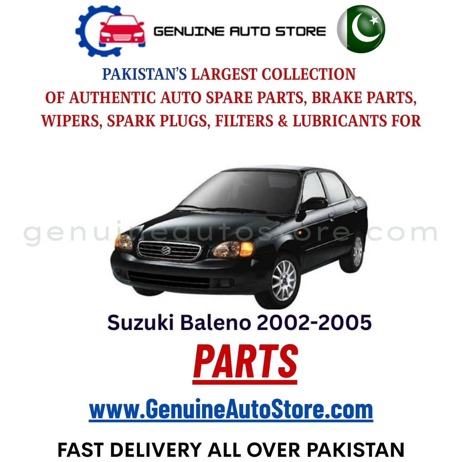 Original Suzuki Baleno 2002-2005 parts – brake pads, brake shoe, spark plugs, filters, wipers in Pakistan