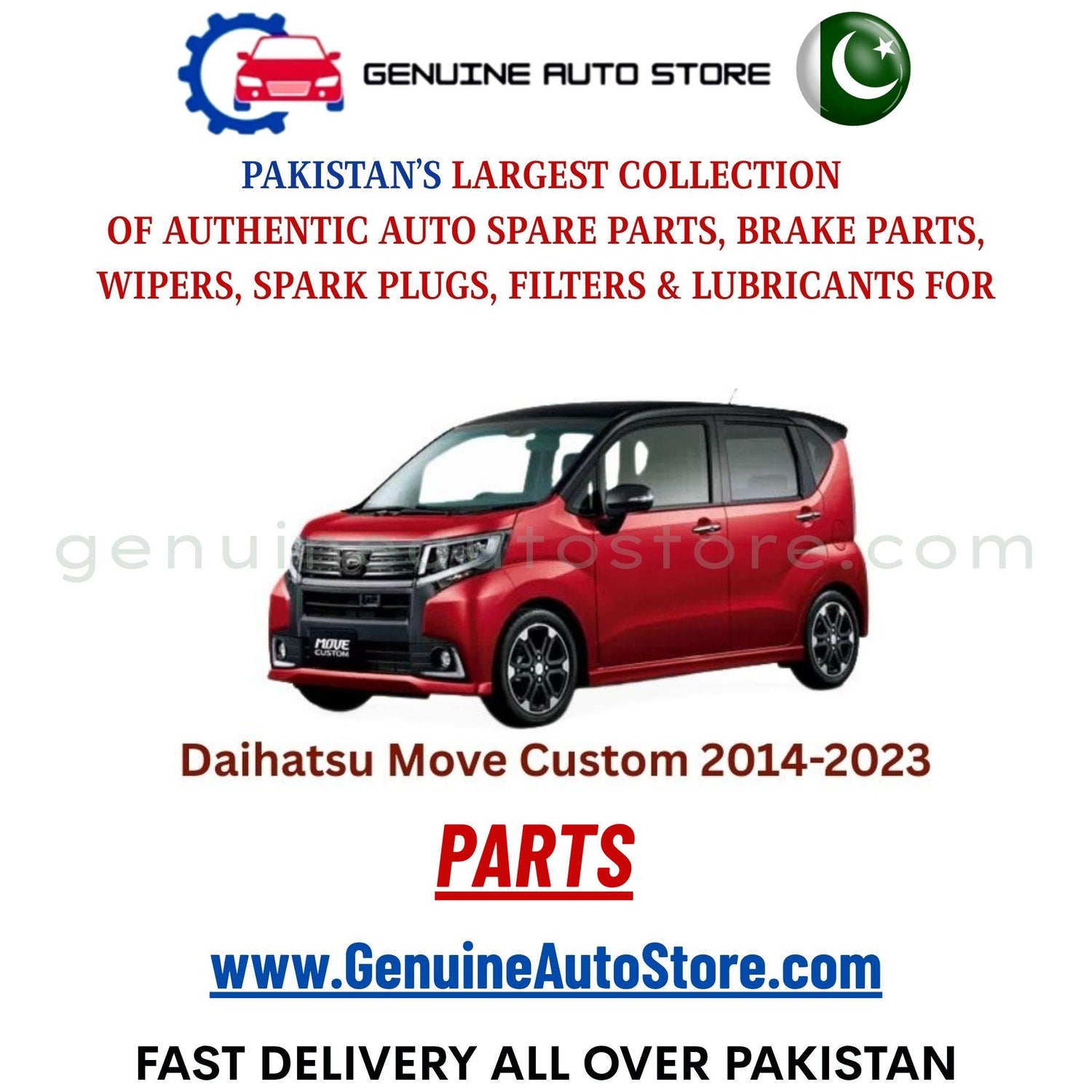 Original DAIHATSU MOVE CUSTOM 2014-2023 parts – brake pads, brake shoe, spark plugs, filters, wipers in Pakistan