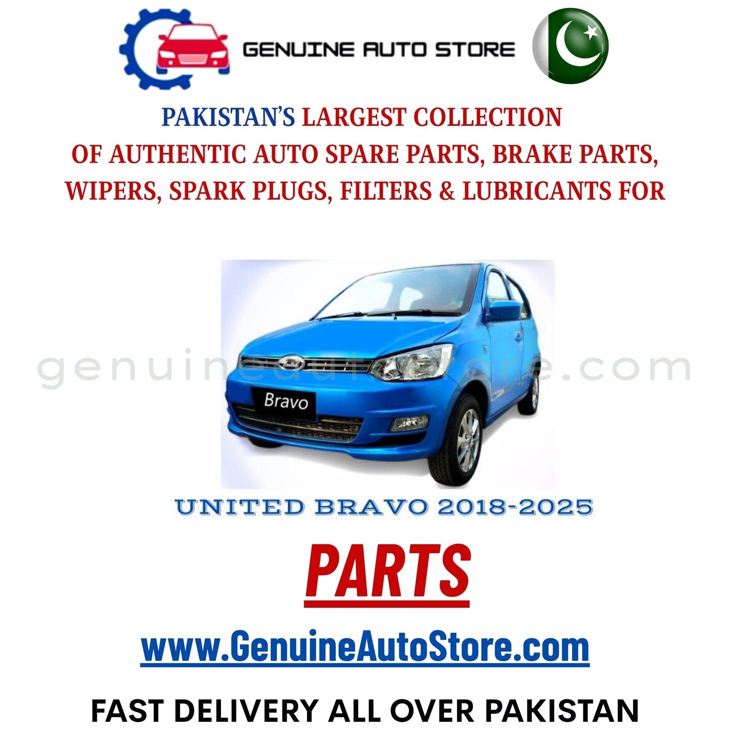 Original UNITED BRAVO 2018-2025 parts – brake pads, brake shoe, spark plugs, filters, wipers in Pakistan