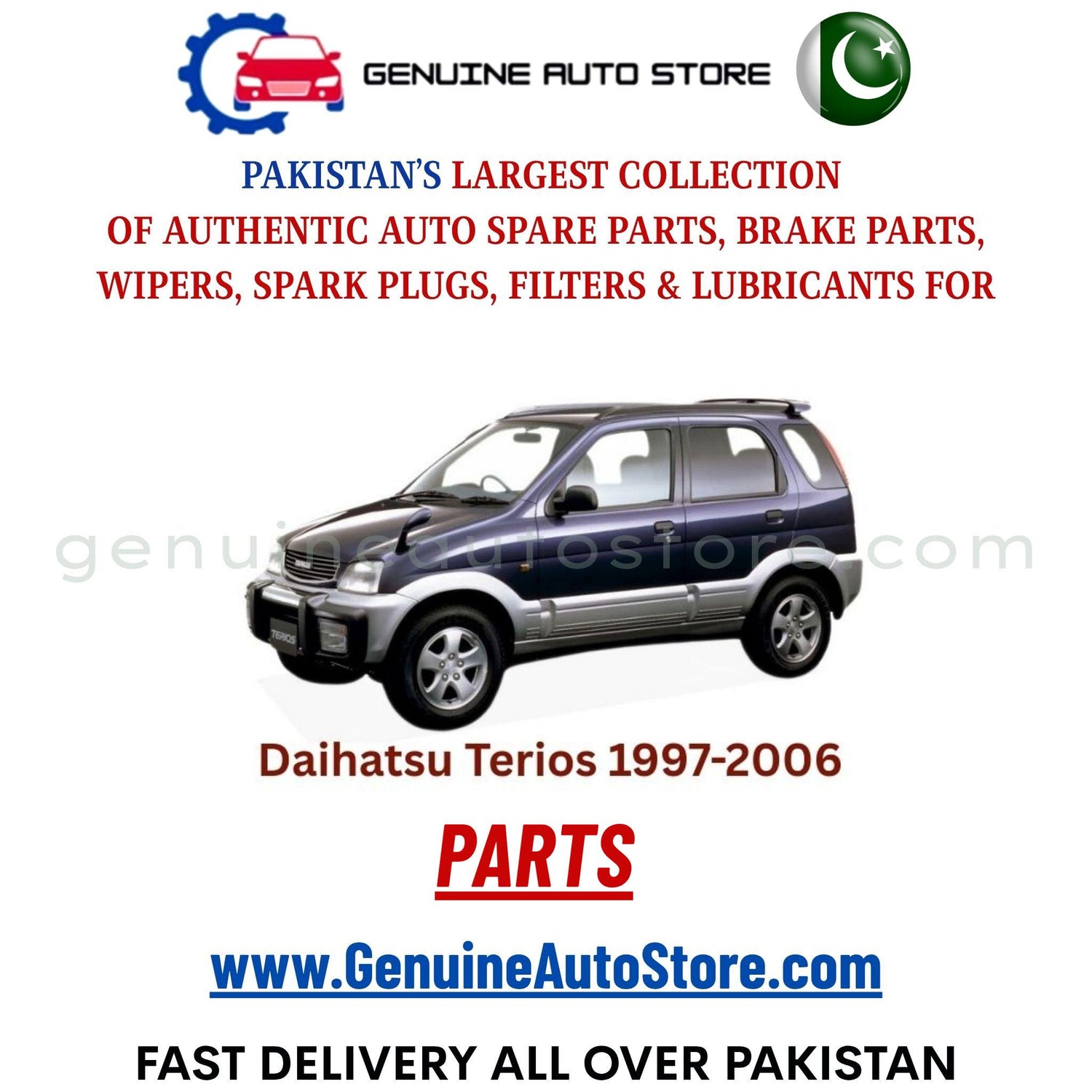 Original DAIHATSU TERIOS 1997-2006 parts – brake pads, brake shoe, spark plugs, filters, wipers in Pakistan