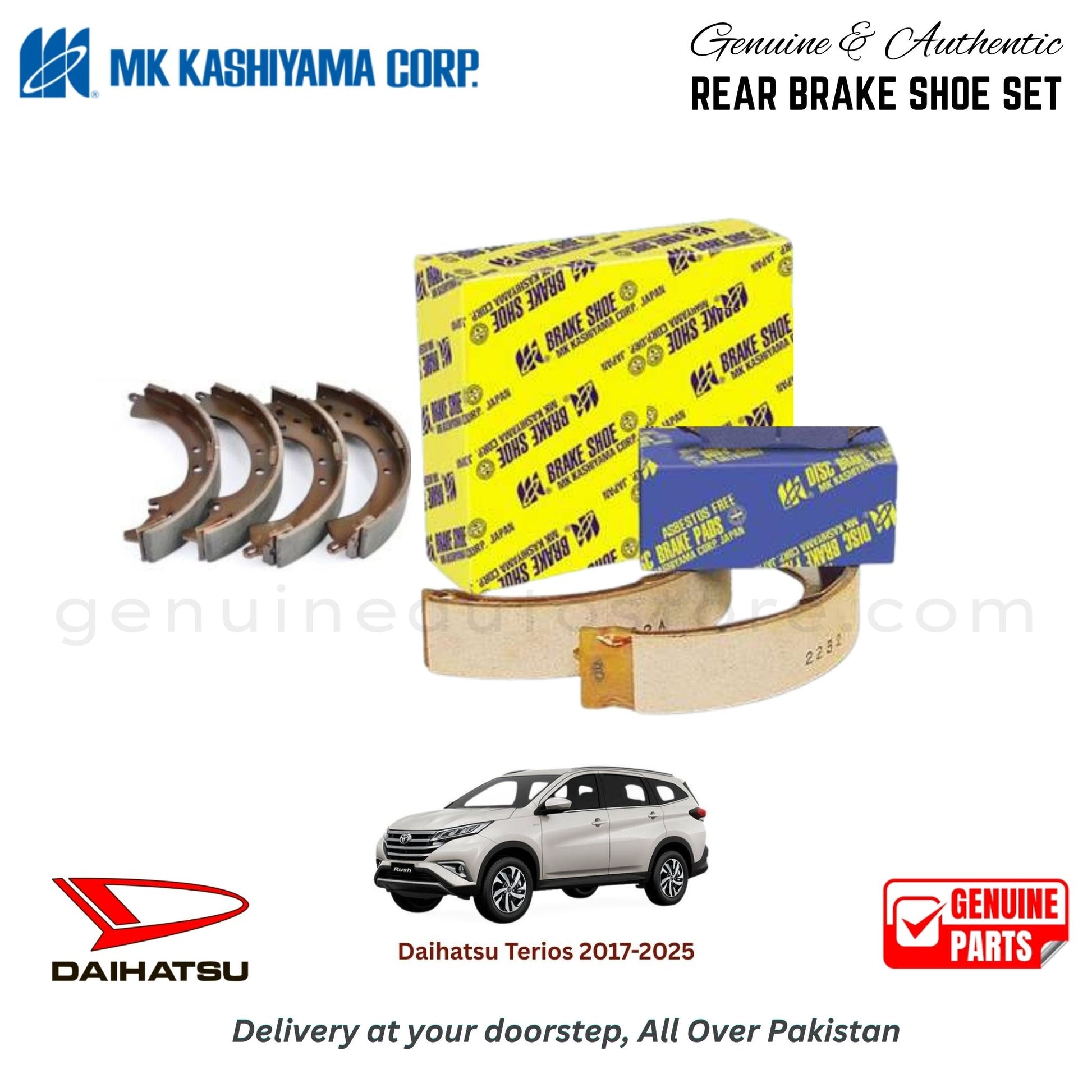 Daihatsu Terios 2017-2025 MK JAPAN REAR BRAKE SHOE SET in Pakistan. 100% Genuine, Reliable, Best Price, Cash on Delivery Available