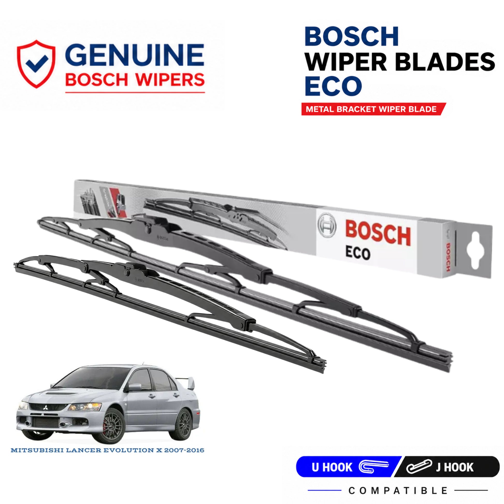 Bosch Genuine metal front wiper set for Mitsubishi Lancer Evolution X 2007-2016, pair of two