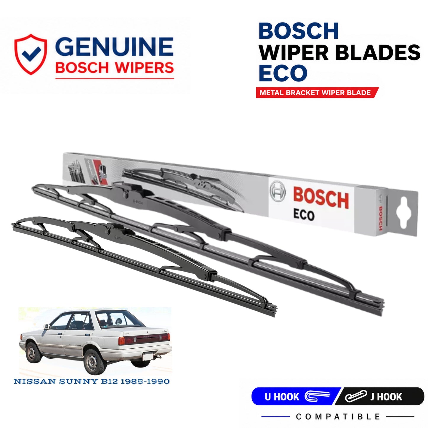 Bosch Genuine metal front wiper set for Nissan Sunny B12 1985-1990, pair of two