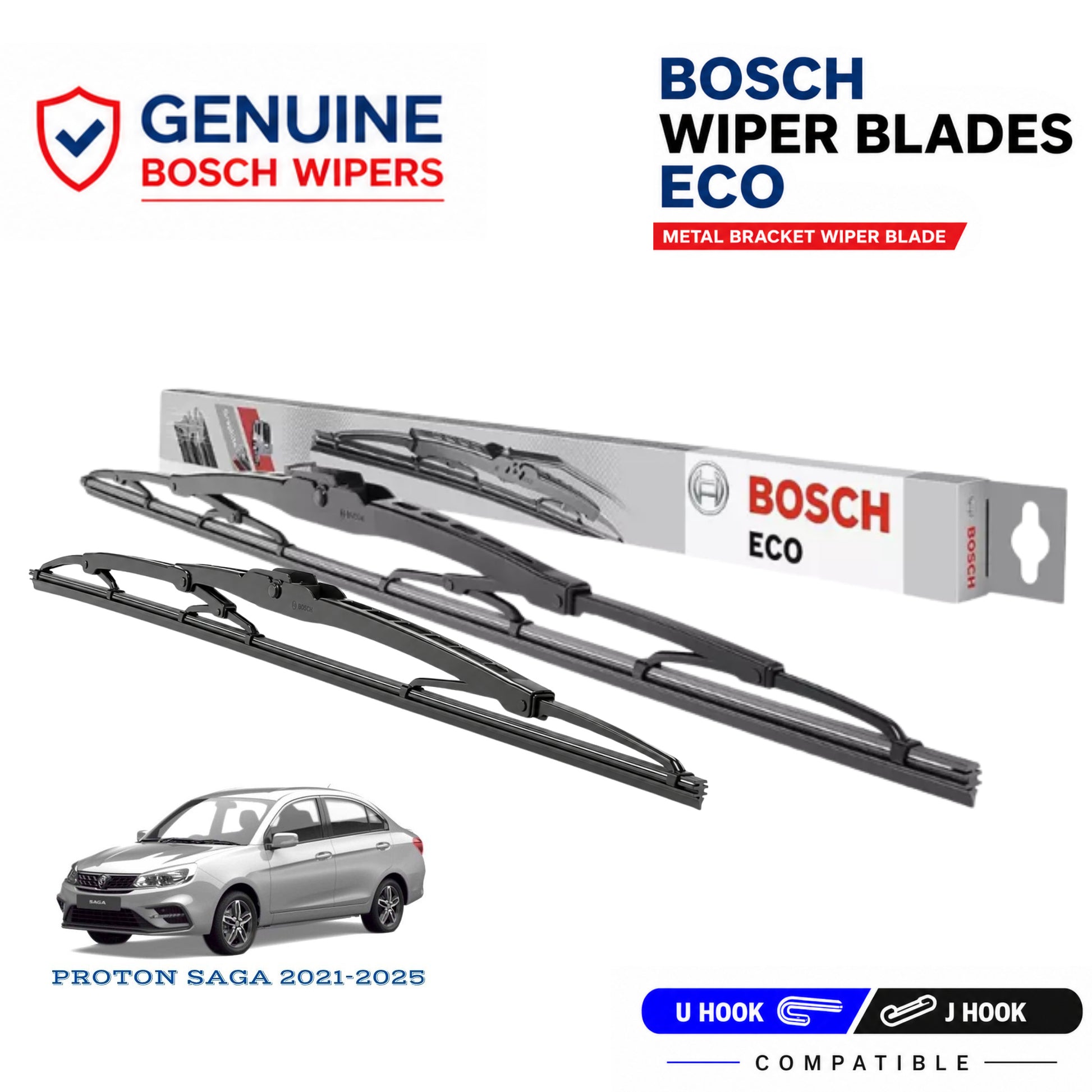 Bosch Genuine metal front wiper set for Proton Saga 2021-2025, pair of two