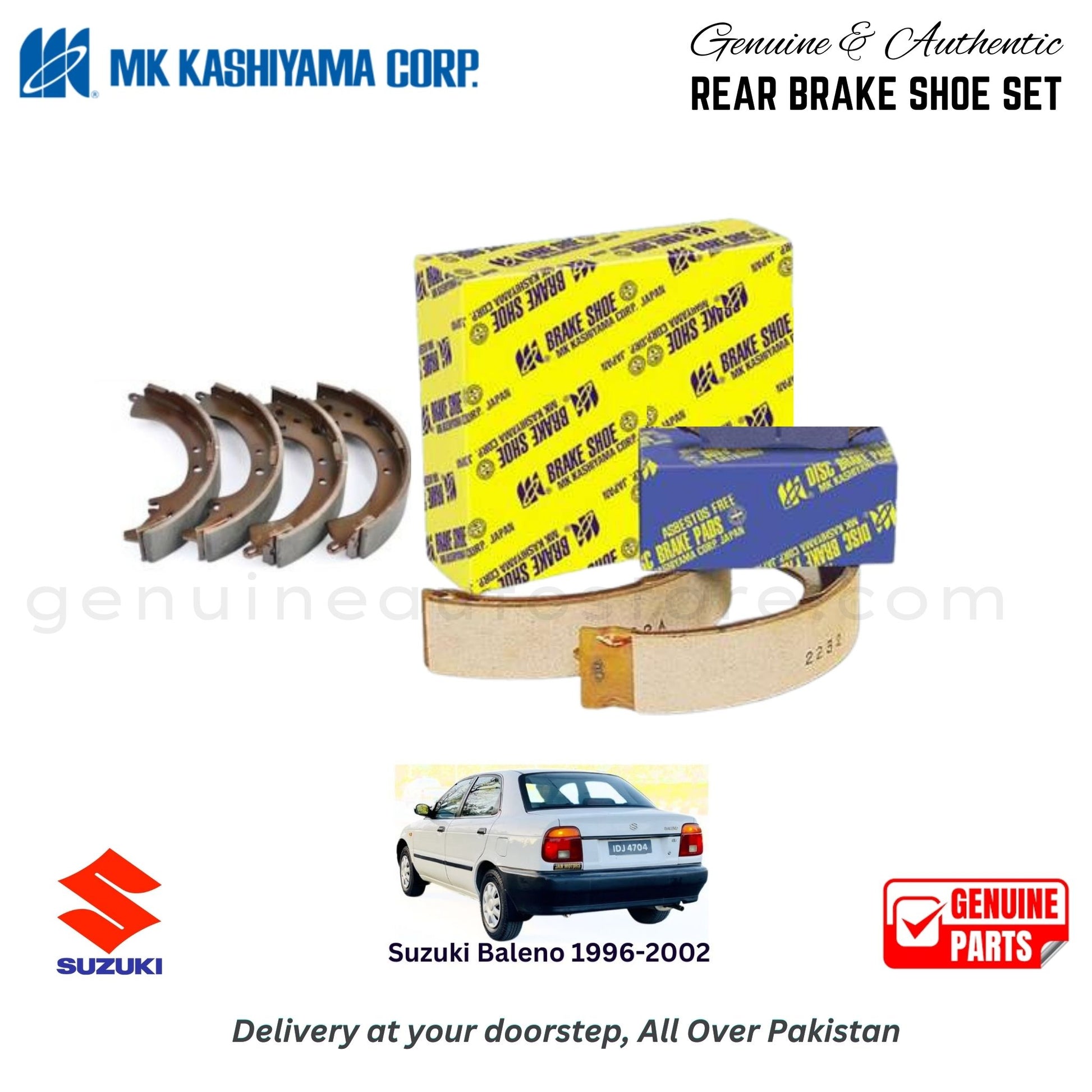 Suzuki Baleno 1996-2002 MK JAPAN REAR BRAKE SHOE SET in Pakistan. 100% Genuine, Reliable, Best Price, Cash on Delivery Available