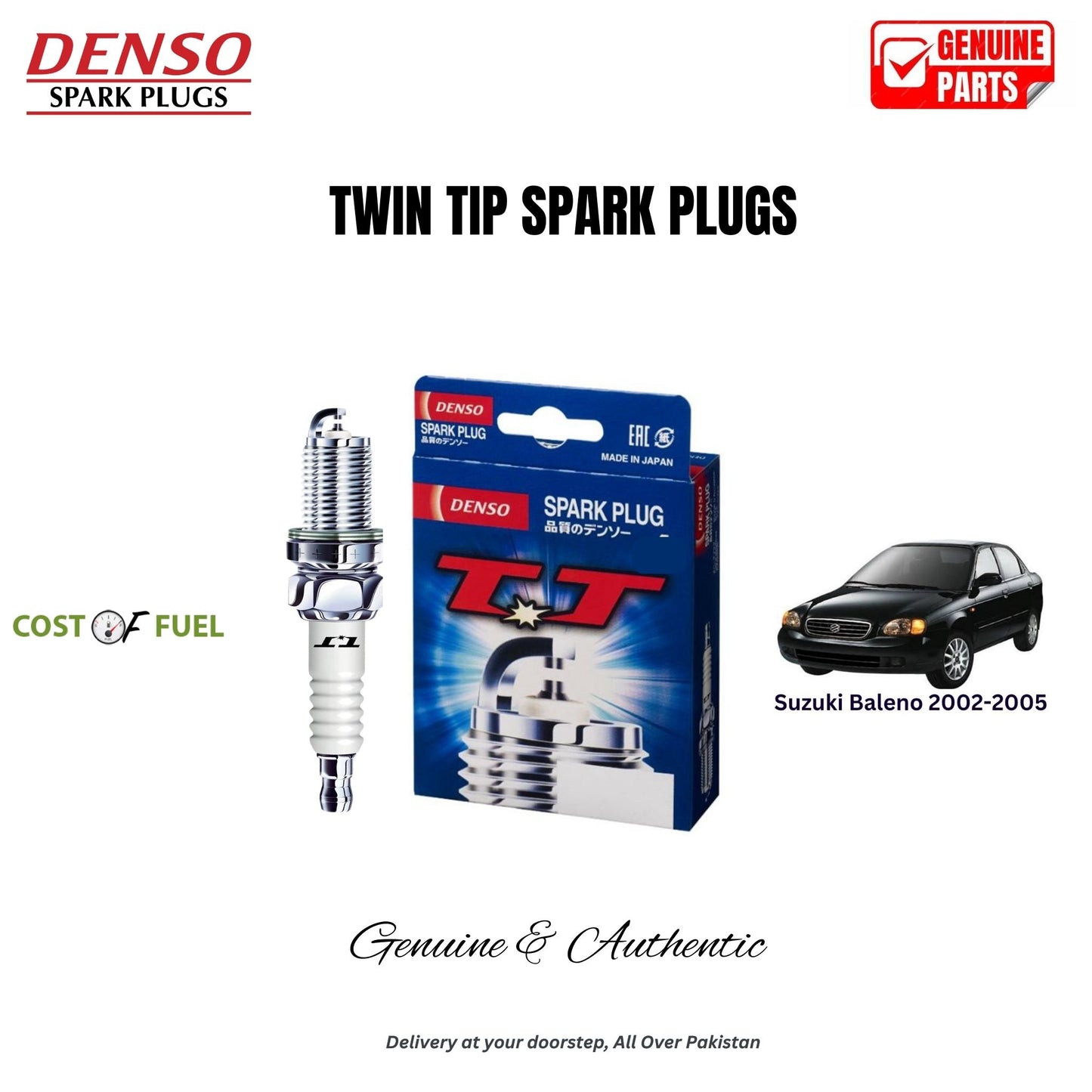 Suzuki Baleno 2002-2005 DENSO Twin Tip Spark Plugs 4pcs in Pakistan – genuine replacement, better mileage and smooth performance