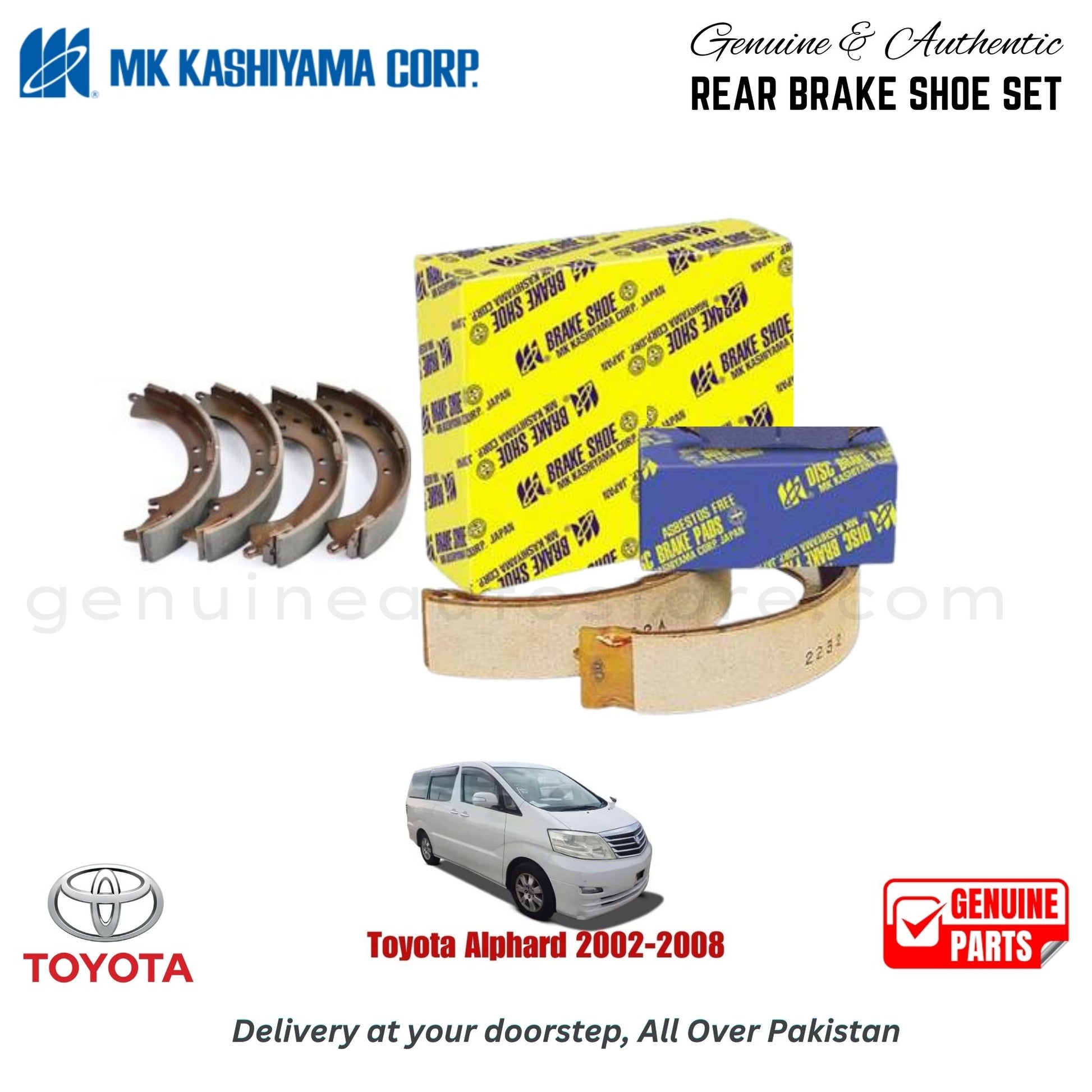 Toyota Alphard 2002-2008 MK JAPAN REAR BRAKE SHOE SET in Pakistan. 100% Genuine, Reliable, Best Price, Cash on Delivery Available