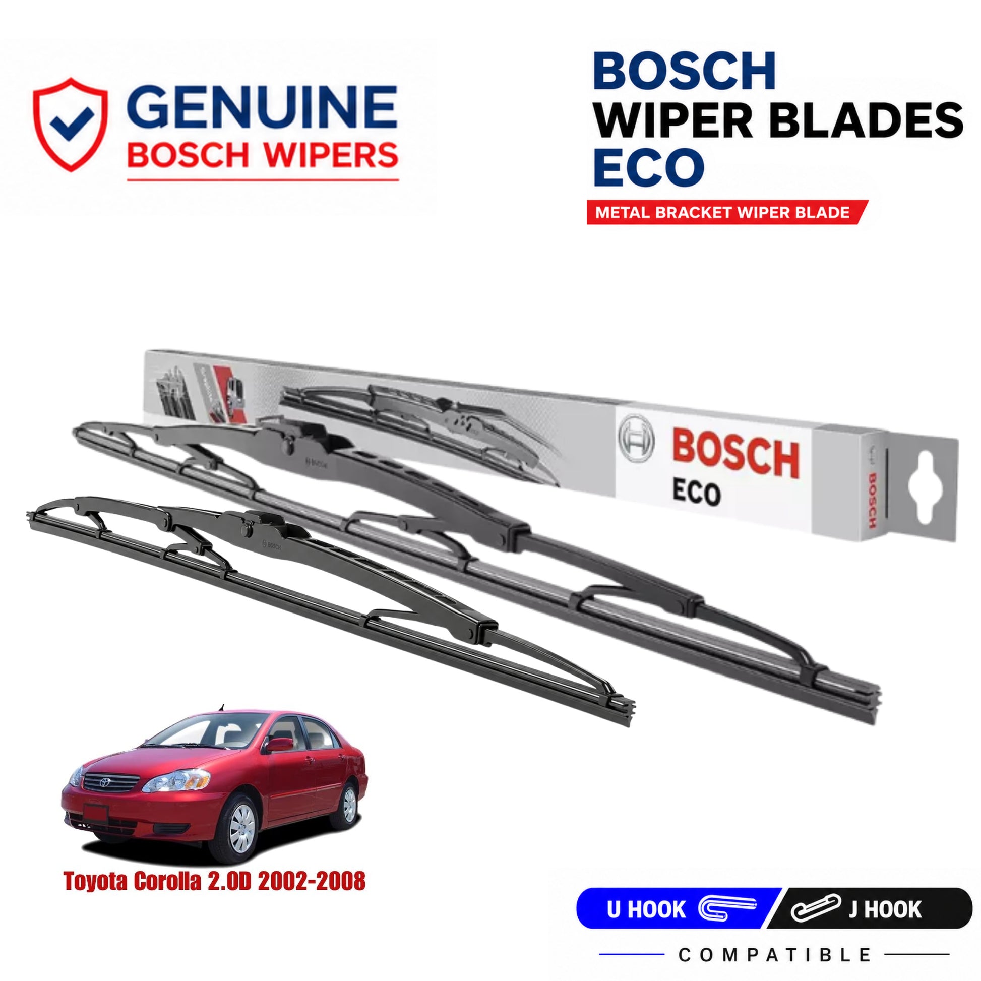 Bosch Genuine metal front wiper set for Toyota Corolla 2.0D 2002-2008, pair of two