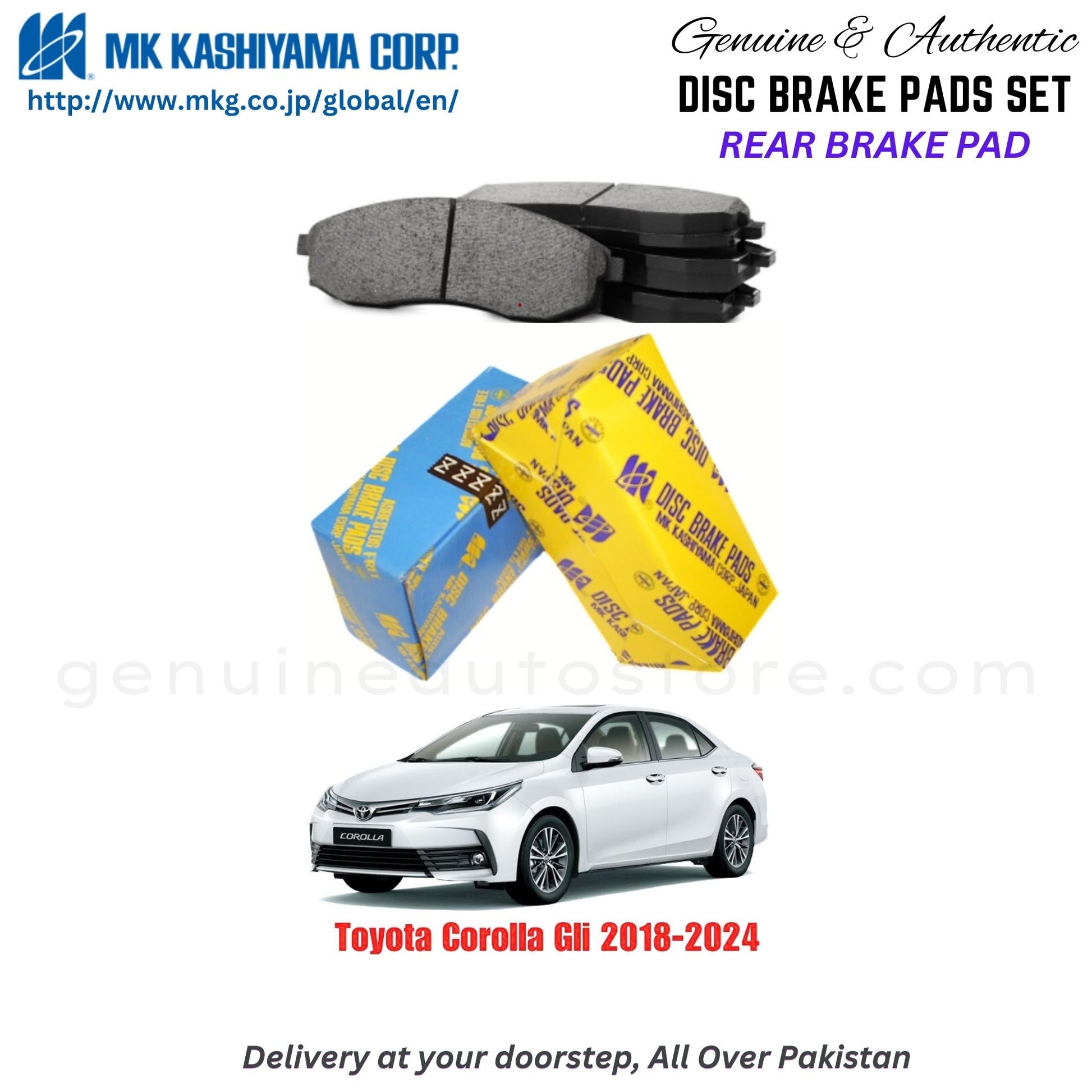 Toyota Corolla Gli 2018-2024 Rear Brake Pads MK Japan in Pakistan. 100% Genuine, Reliable, Best Price, Cash on Delivery Available