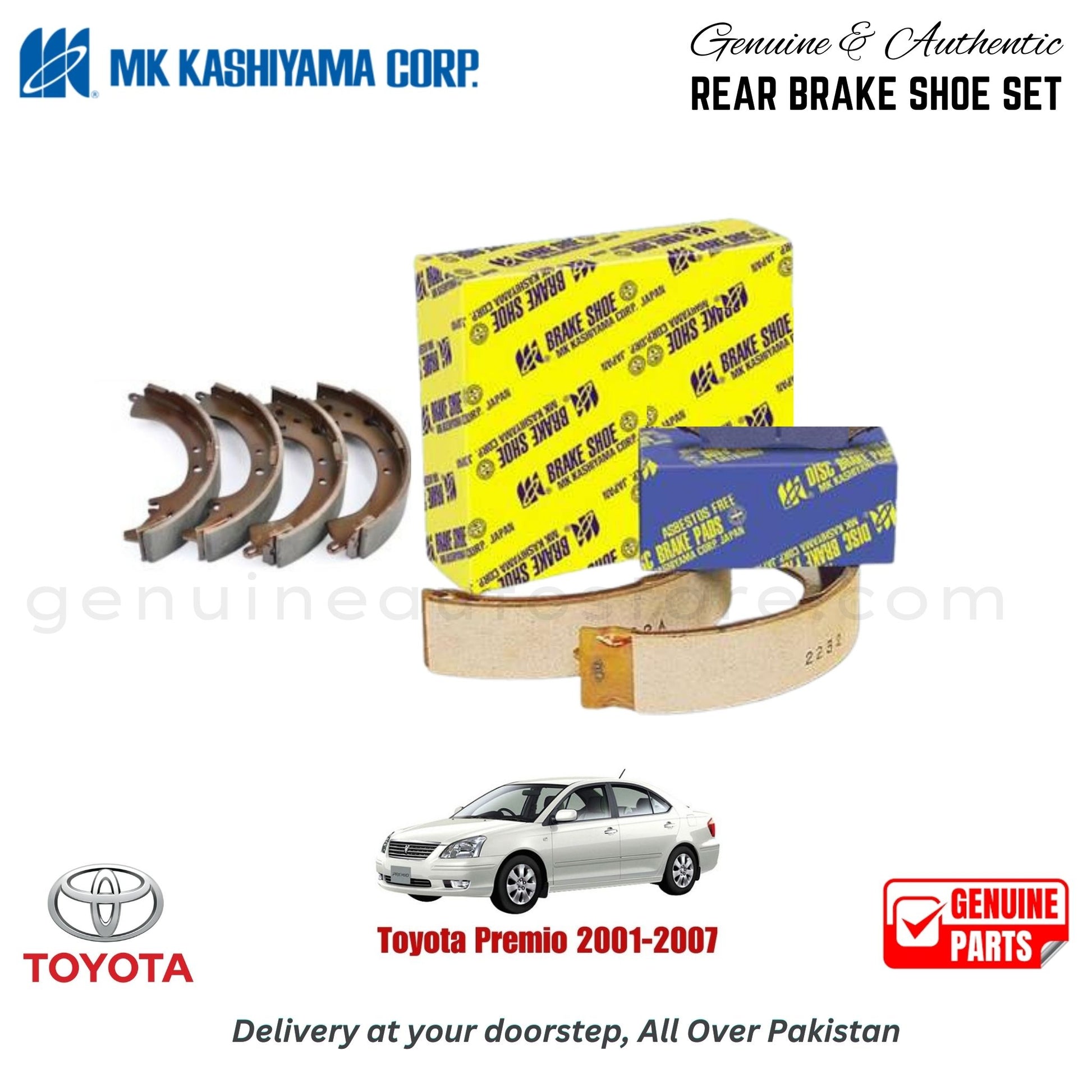 Toyota Premio 2001-2007 MK JAPAN REAR BRAKE SHOE SET in Pakistan. 100% Genuine, Reliable, Best Price, Cash on Delivery Available 